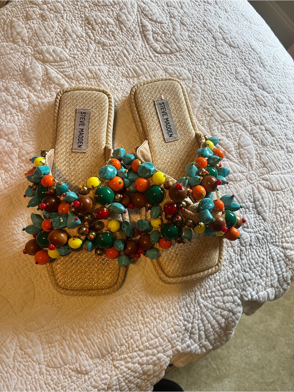 Steve Madden Gold Beaded Slide Sandals with Turquoise, Orange, Yellow Accents